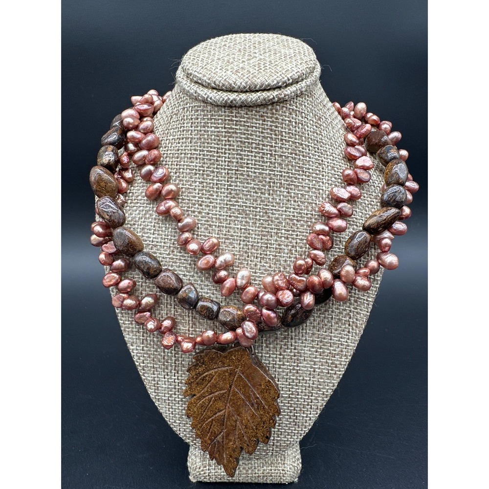 Vintage Russet Pearl Bronzite Bead Necklace Carved Stone Leaf Pendant 925 Clasp